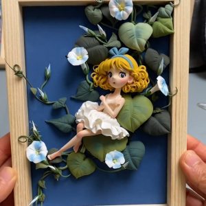 3D Morning Glory Girl Clay Art Frame  Morning Glory Daydream Clay Art Frame - Handmade Whimsical Character Sculpture