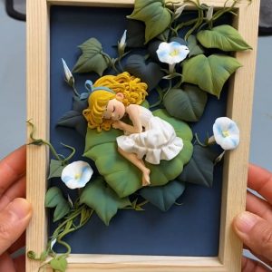 Handmade Whimsical Character Sculpture Morning Glory Girl Clay Art Frame 3D clay art frame