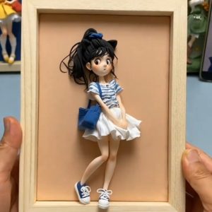 Handmade Light Clay 3D Framed Art, Cute Black Haired Girl Character Clay Painting, Custom Personalized Light Clay Figure Wall Decor Gift