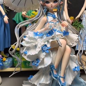 Hand Sculpted Air Dry Clay Elf Girl Figurine With Lace Umbrella, Chinese Qipao Style Blue White Floral Clay Doll Custom Handmade Art Gift Home Table Decor Ornament